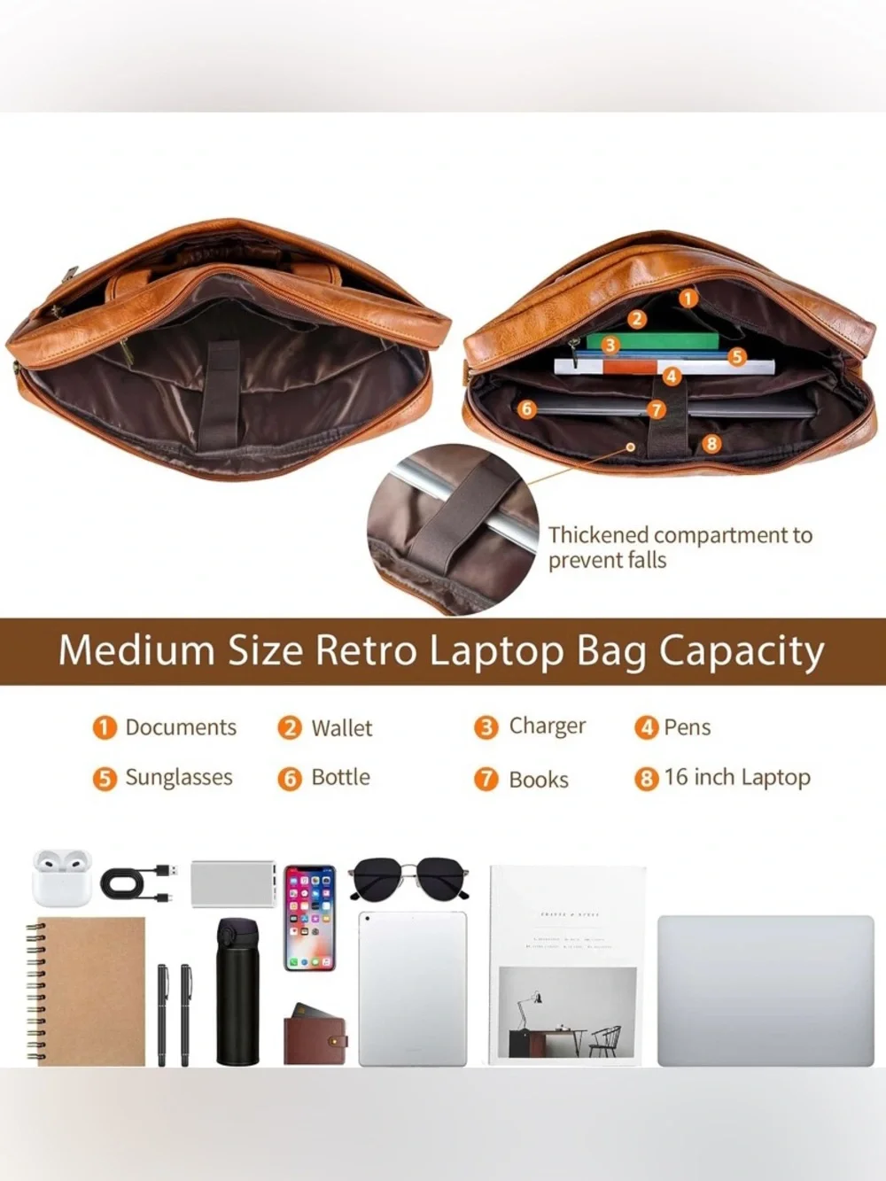 Men's Tan PU Leather Briefcase Laptop Bag